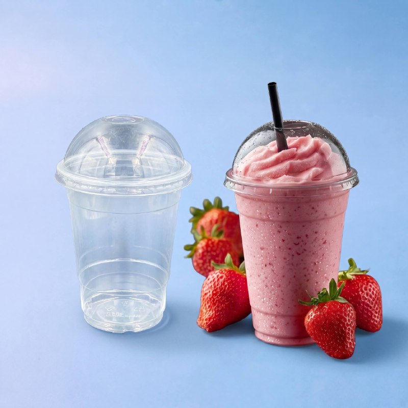 Strawberry smoothie in a DK Plast cup
